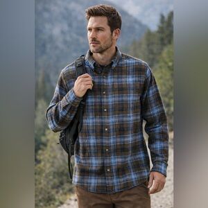 Eddie Bauer Bristol Flannel Shirt Mens XL Blue Brown Plaid Button Down